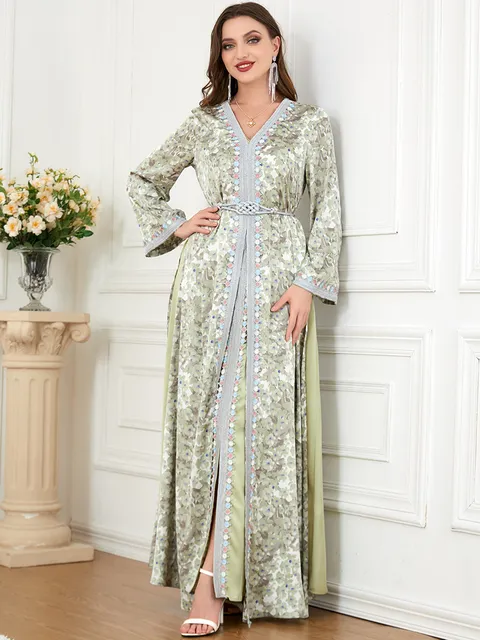 Women Abaya V-Neck Long Sleeve 2 Piece set