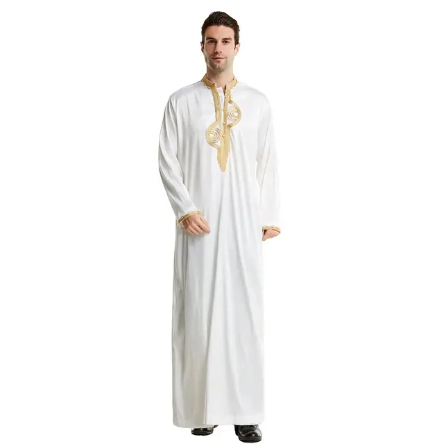 solid white cotton lace embroidery premium quality arabic islamic thobe men muslim thawb caftan thobes for men