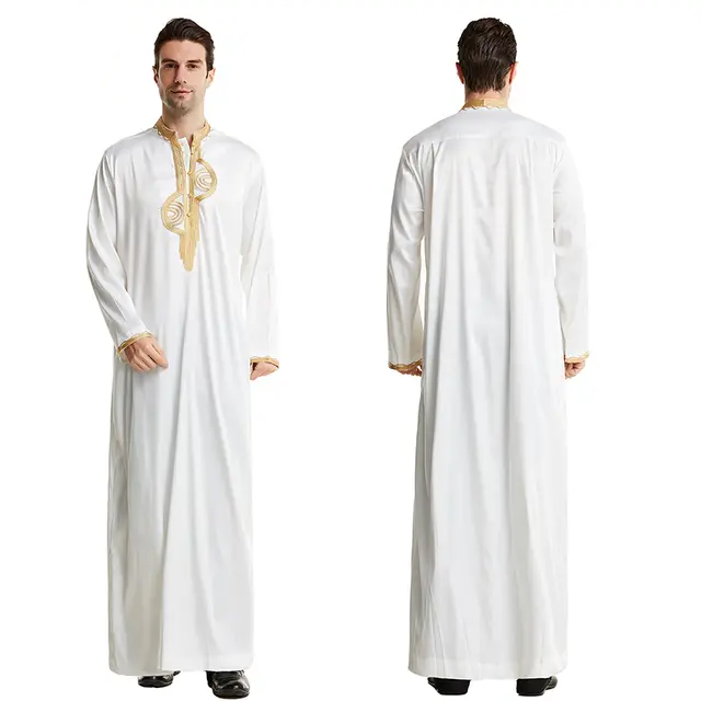 solid white cotton lace embroidery premium quality arabic islamic thobe men muslim thawb caftan thobes for men