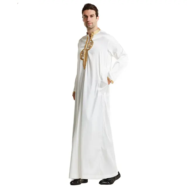 solid white cotton lace embroidery premium quality arabic islamic thobe men muslim thawb caftan thobes for men