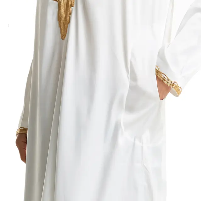 solid white cotton lace embroidery premium quality arabic islamic thobe men muslim thawb caftan thobes for men