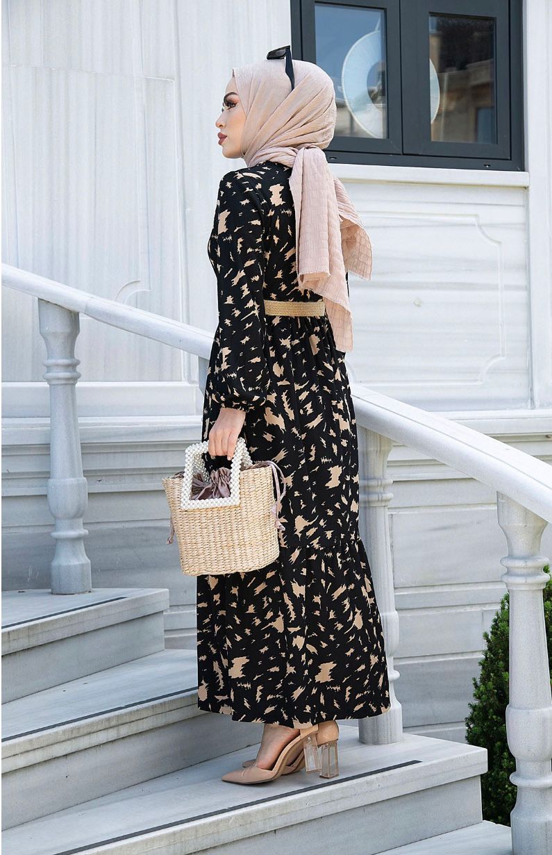 Straw Belt Wave Patterned Hijab Dress