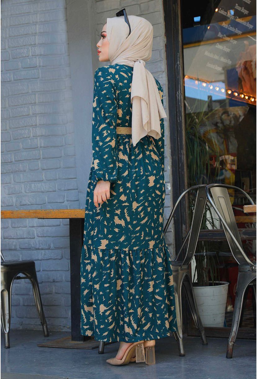 Straw Belt Wave Patterned Hijab Dress