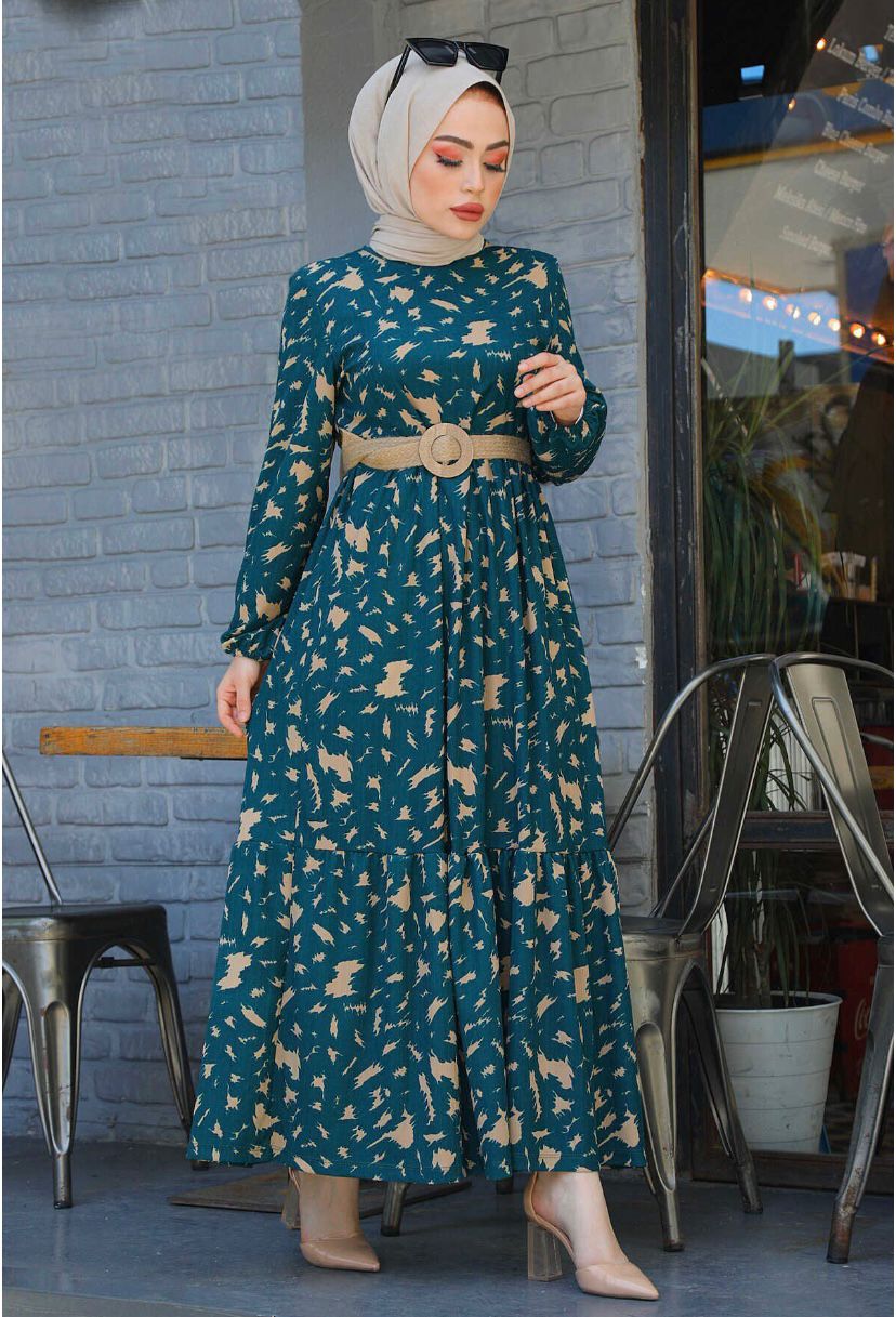 Straw Belt Wave Patterned Hijab Dress