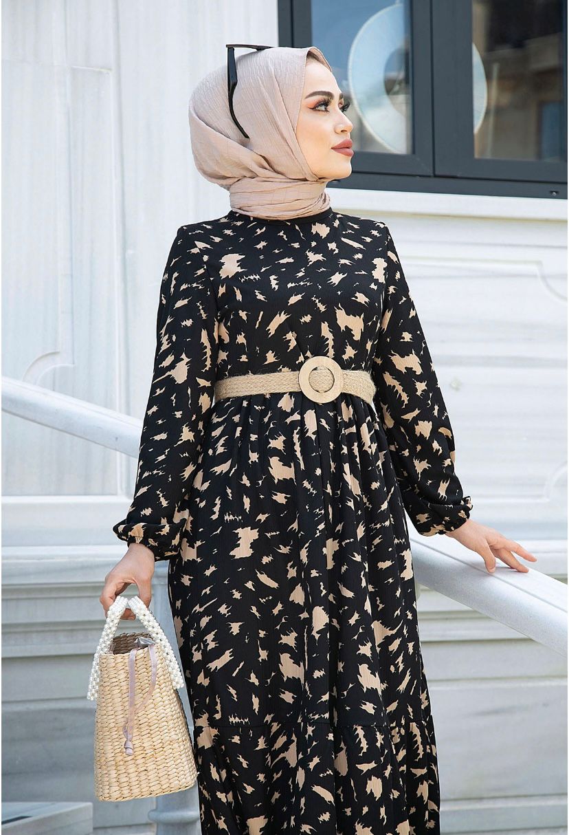 Straw Belt Wave Patterned Hijab Dress