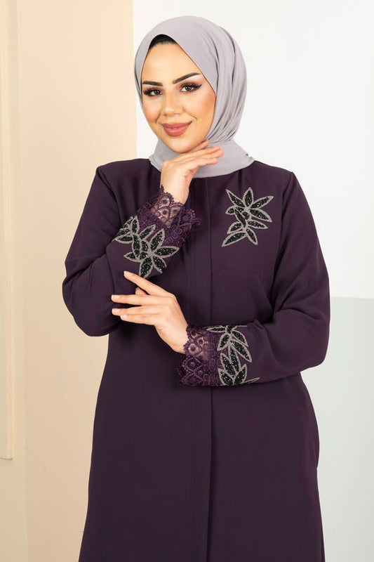 Floral Detailed Guipure Hijab Abaya