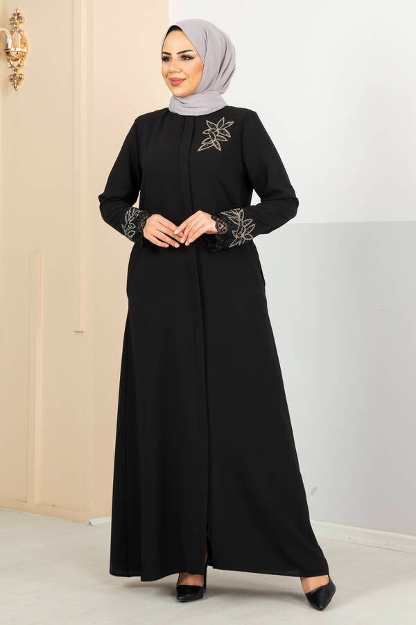 Floral Detailed Guipure Hijab Abaya