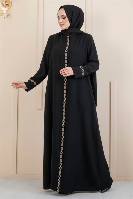 Embroidered Stone Detailed Hijab Abaya Black