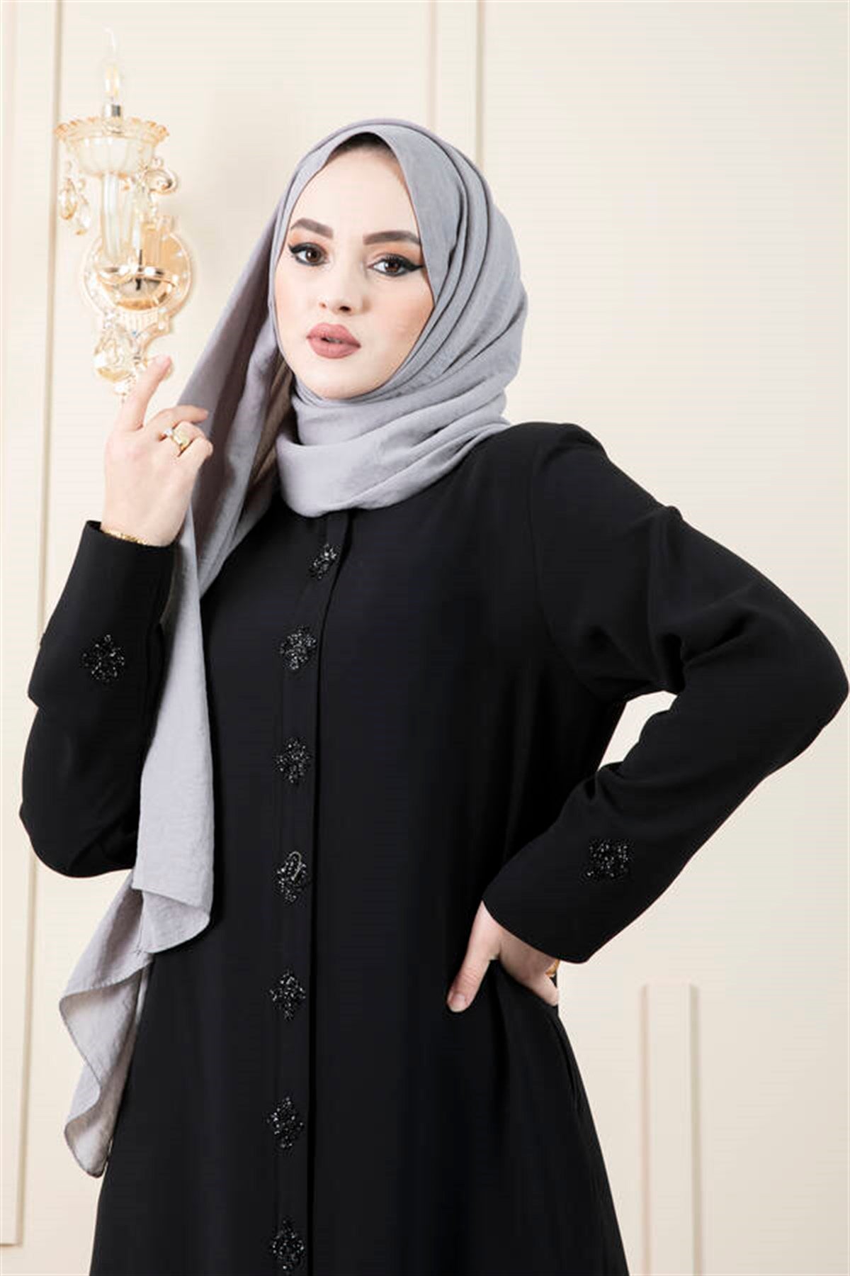 Baklava Patterned Hijab Abaya Black