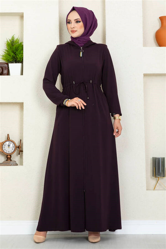 Tunnel Belt Hooded Hijab Abaya Purple