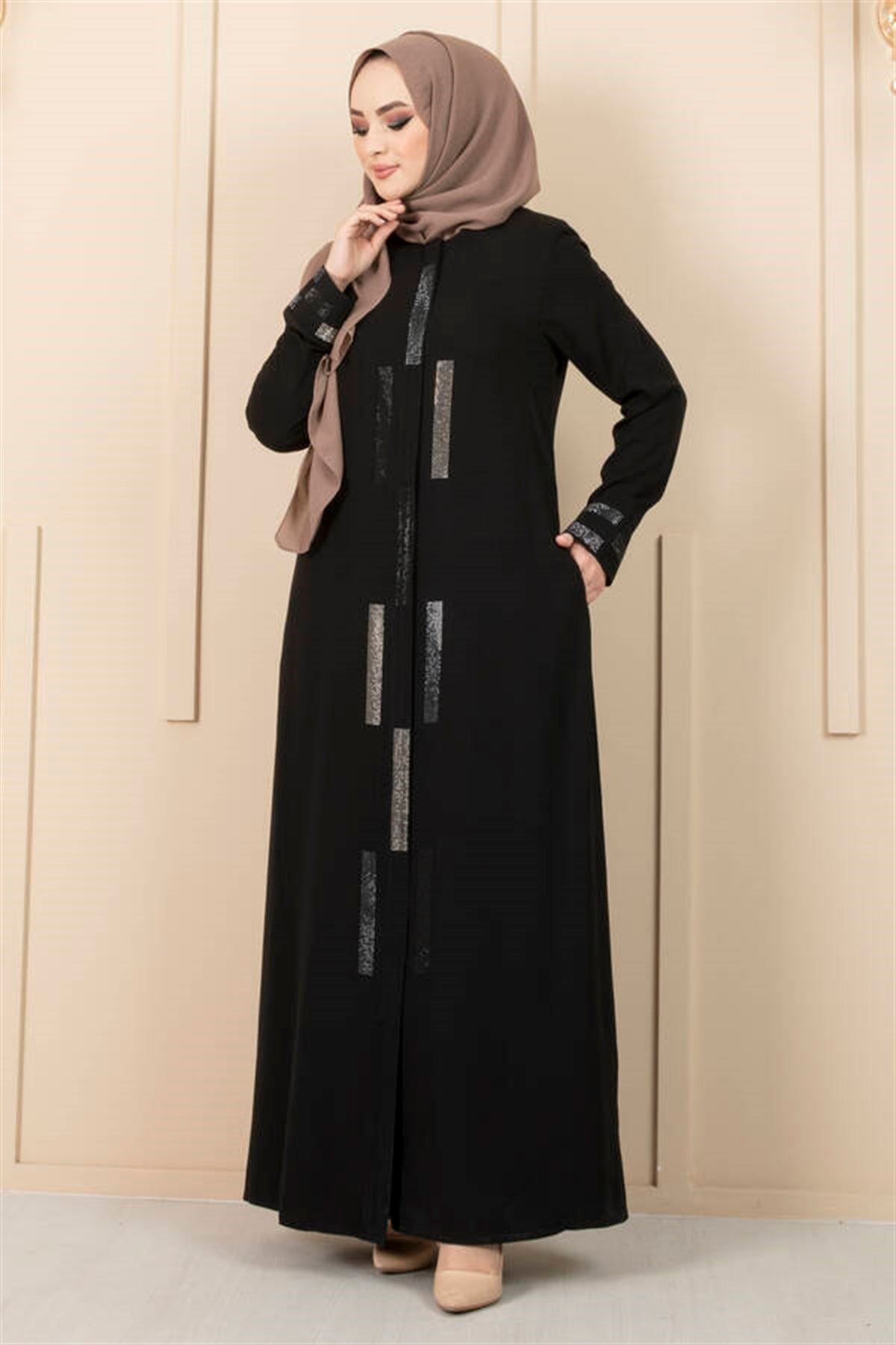 Stone Detailed Hijab Abaya Black