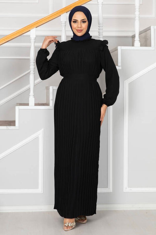 Pleated Chiffon Evening Dress Black