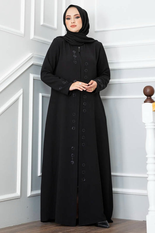 Stone Detailed Honeycomb Hijab Abaya-Black