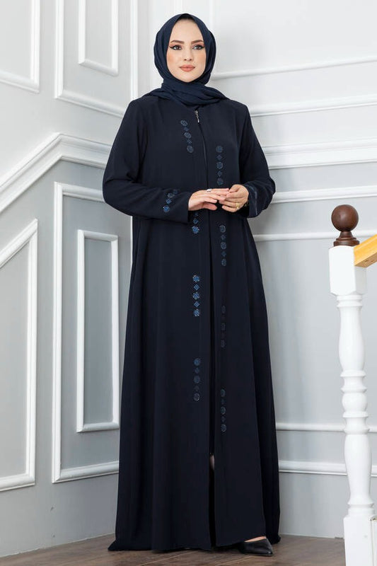 Stone Detailed Honeycomb Hijab Abaya-Navy Blue