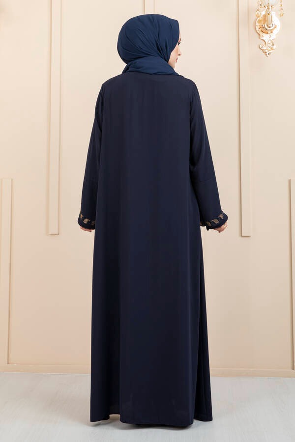 Stone Detailed Hijab Abaya - Navy Blue