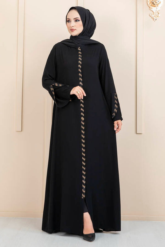 Stone Detailed Hijab Abaya-Black