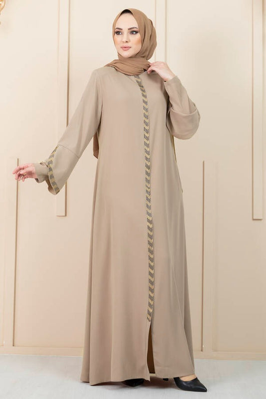 Stone Detailed Hijab Abaya-Brown