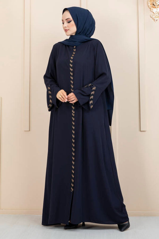 Stone Detailed Hijab Abaya - Navy Blue