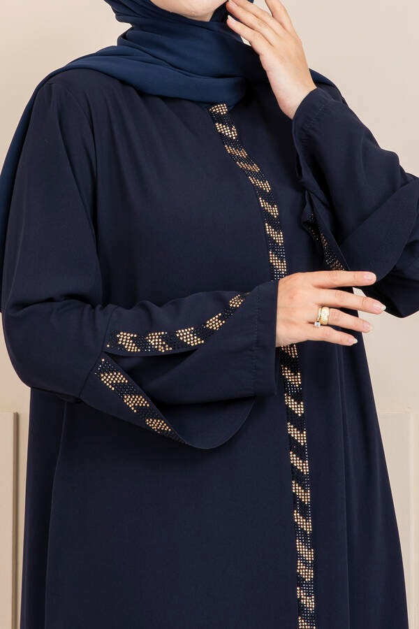 Stone Detailed Hijab Abaya - Navy Blue