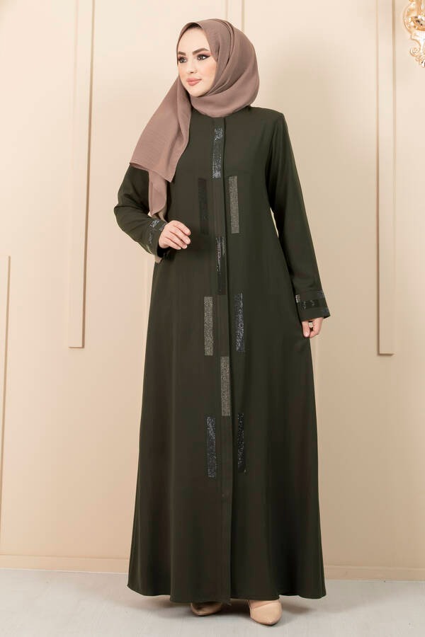 Stone Detailed Hijab Abaya Green