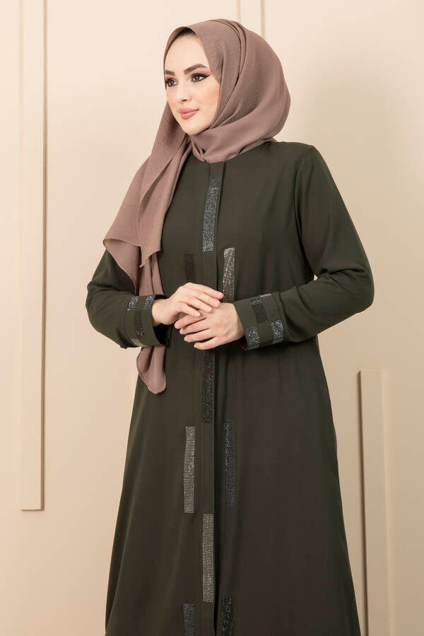 Stone Detailed Hijab Abaya Green