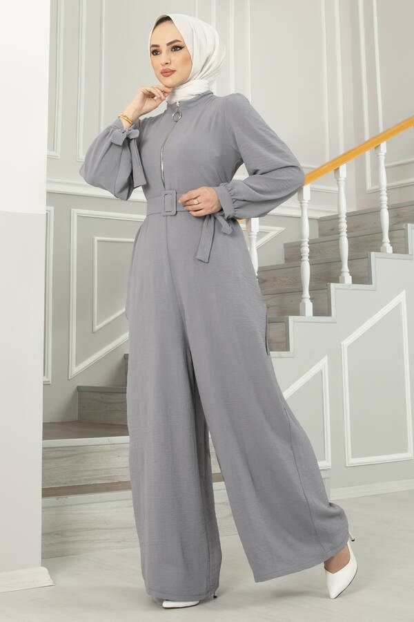 Front Zipper Detailed Aerobin Hijab Jumpsuit Grey