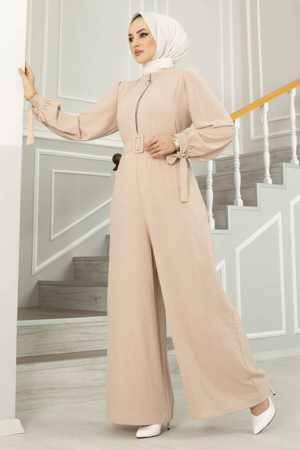 Front Zipper Detailed Aerobin Hijab Jumpsuit Cream