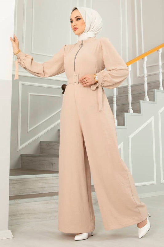 Front Zipper Detailed Aerobin Hijab Jumpsuit Cream