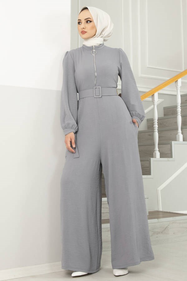 Front Zipper Detailed Aerobin Hijab Jumpsuit Grey