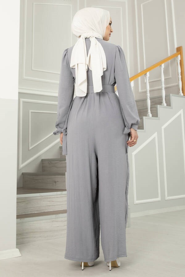 Front Zipper Detailed Aerobin Hijab Jumpsuit Grey