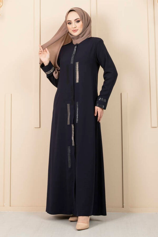 Stone Detailed Hijab Abaya Navy Blue