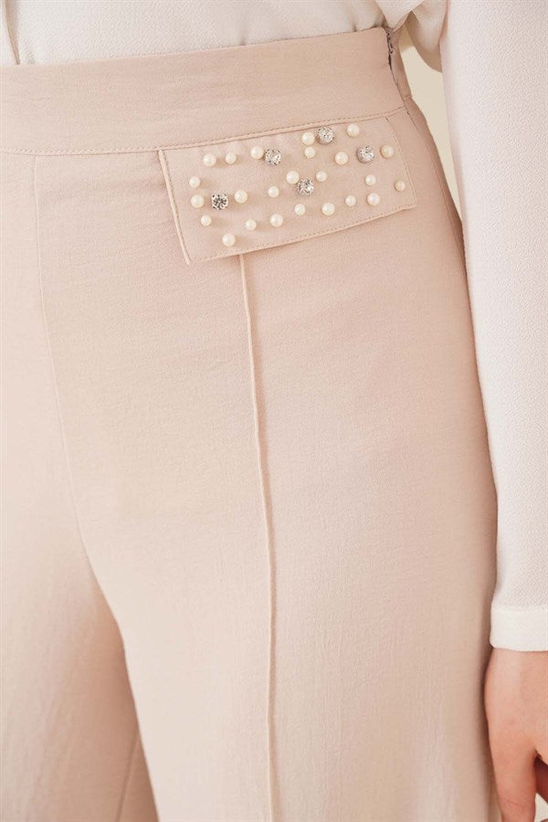 Pockets Pearl Patterned Trousers Beige