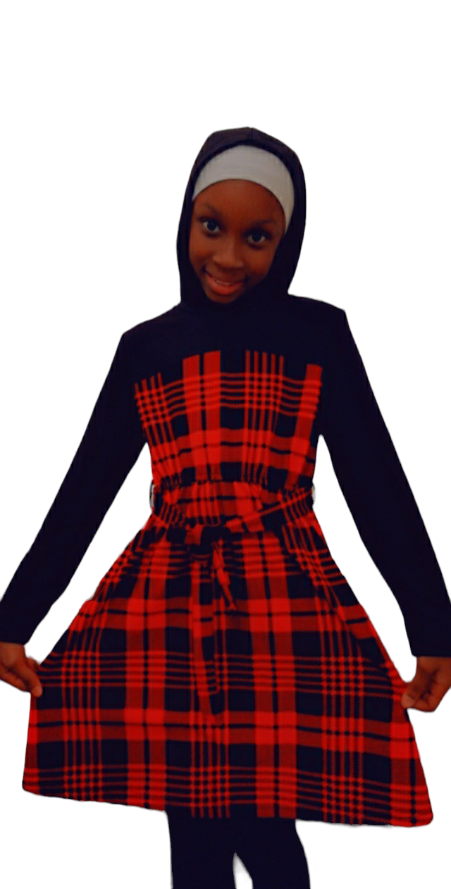 GIRLS PLAID PRINTED HOODED BELT DRESS