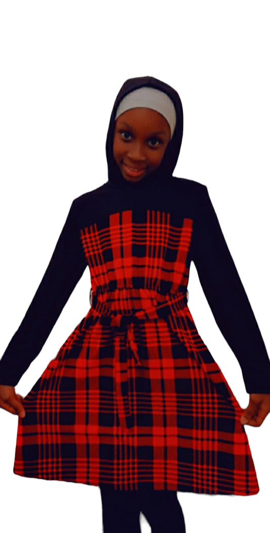 GIRLS PLAID PRINTED HOODED BELT DRESS