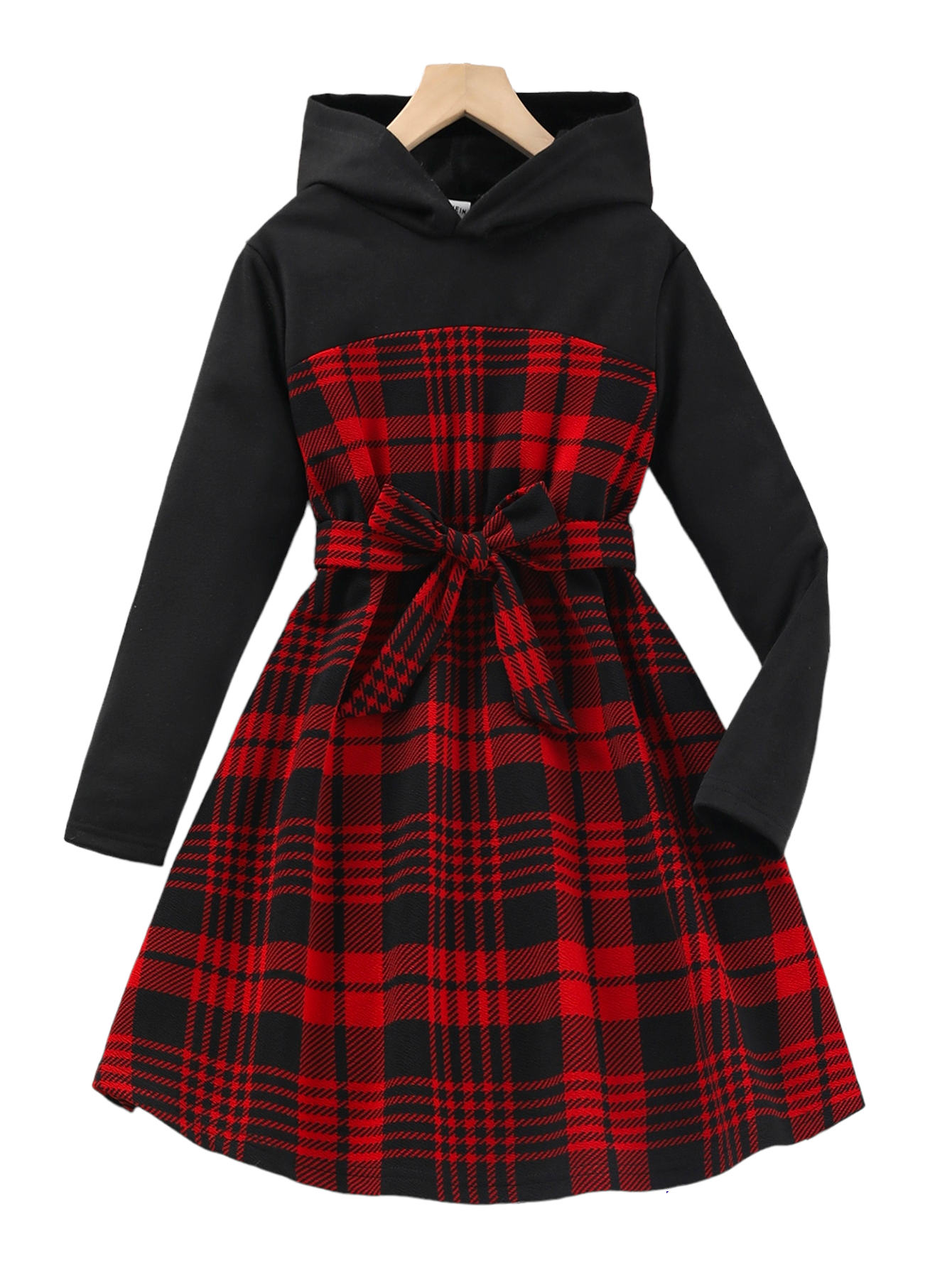 GIRLS PLAID PRINTED HOODED BELT DRESS