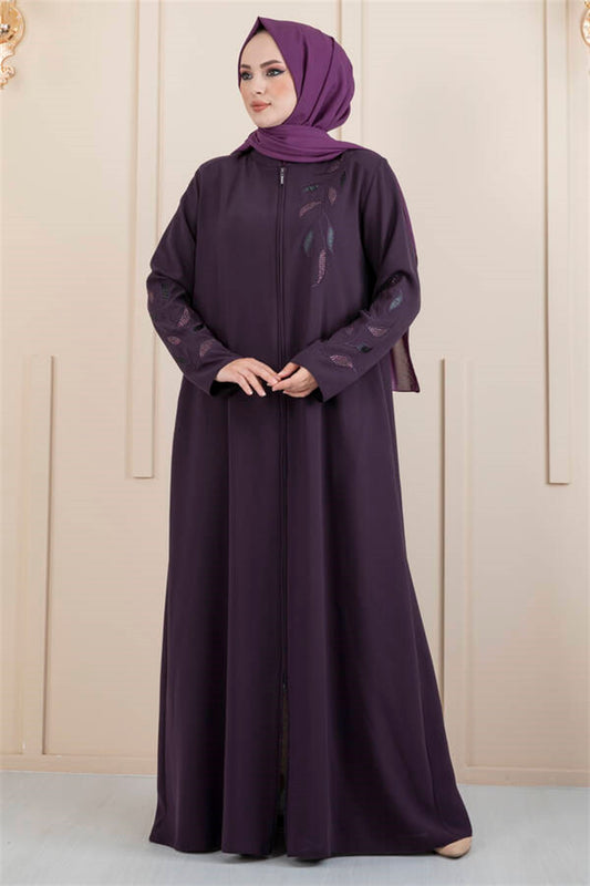 Leaf Patterned Hijab Abaya Purple