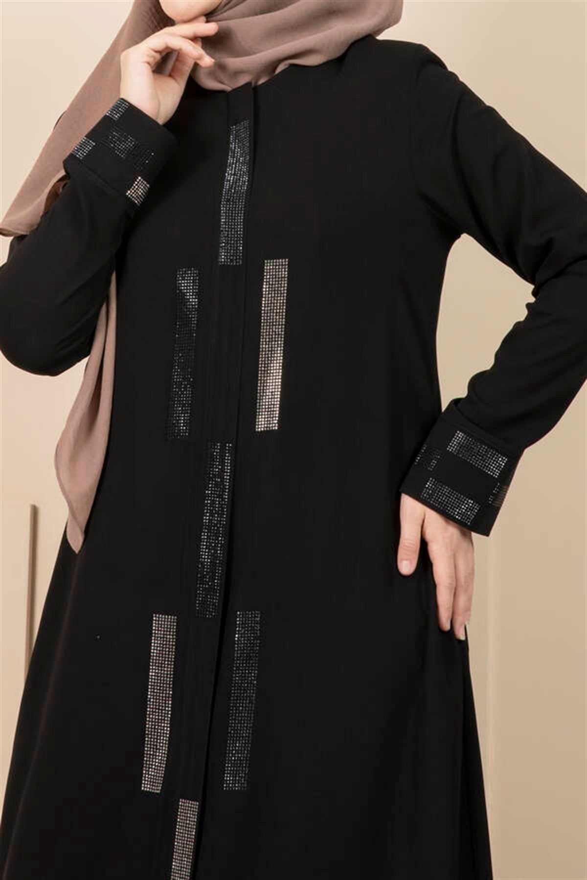 Stone Detailed Hijab Abaya Black