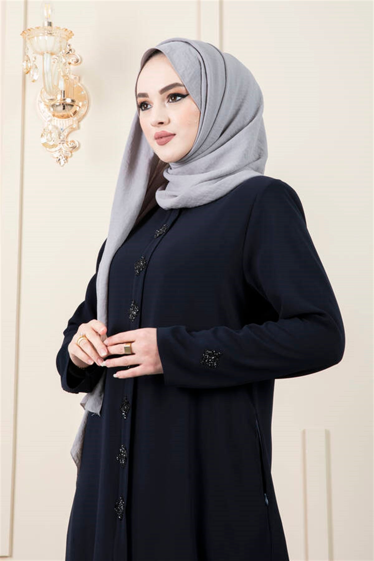 Baklava Patterned Hijab Abaya-Navy Blue