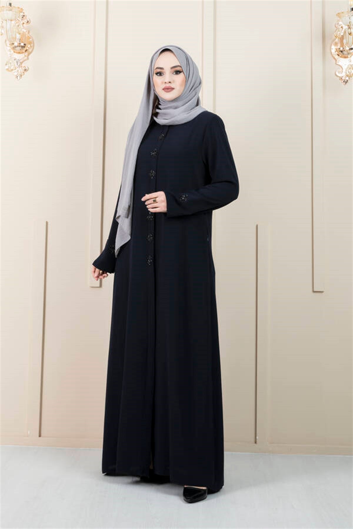 Baklava Patterned Hijab Abaya-Navy Blue