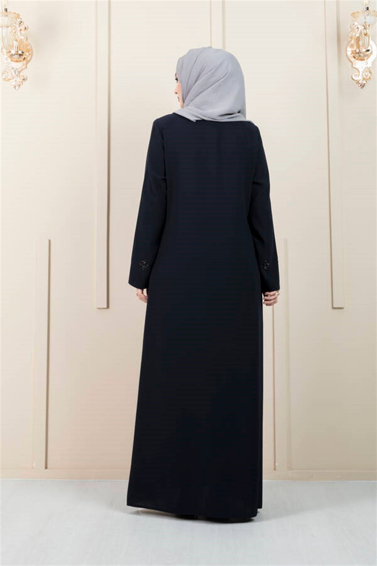 Baklava Patterned Hijab Abaya-Navy Blue