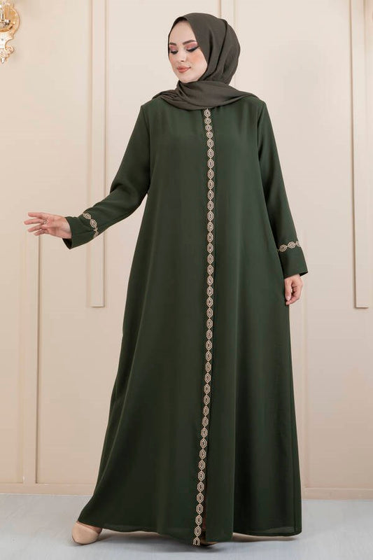 Embroidered Stone Detailed Hijab Abaya Khaki