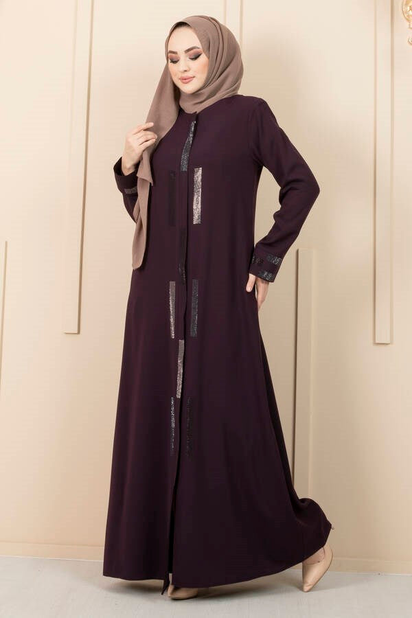 Stone Detailed Hijab Abaya Purple