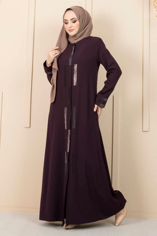 Stone Detailed Hijab Abaya Purple