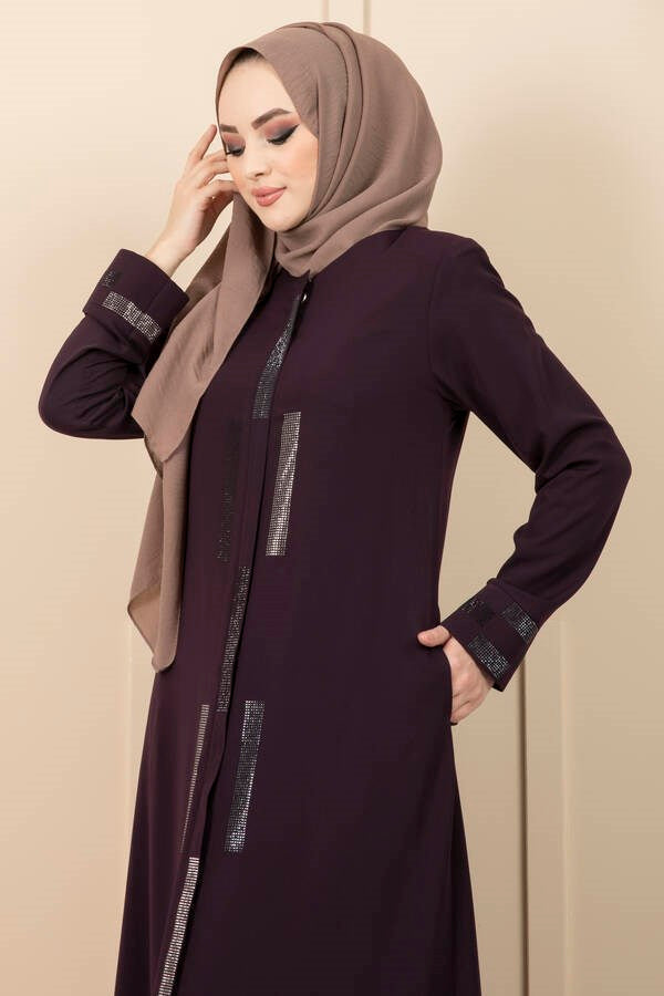 Stone Detailed Hijab Abaya Purple