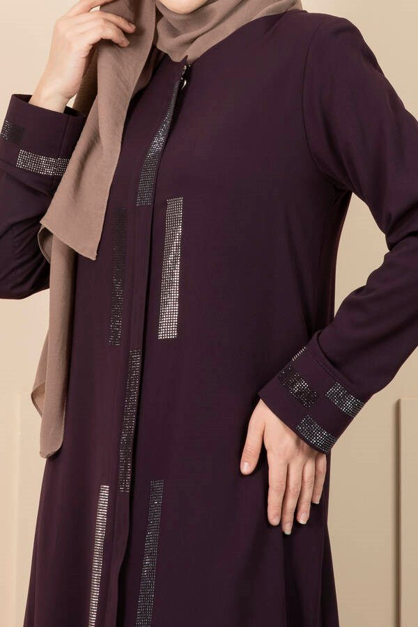 Stone Detailed Hijab Abaya Purple