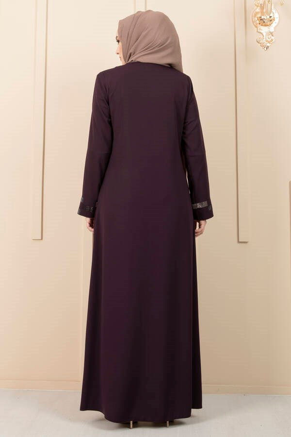 Stone Detailed Hijab Abaya Purple