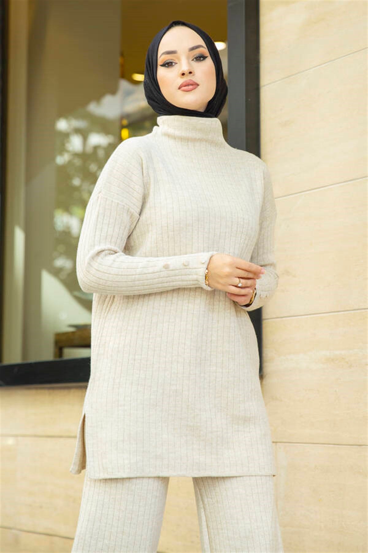 Button Detailed Veiling Knitwear Set Cream