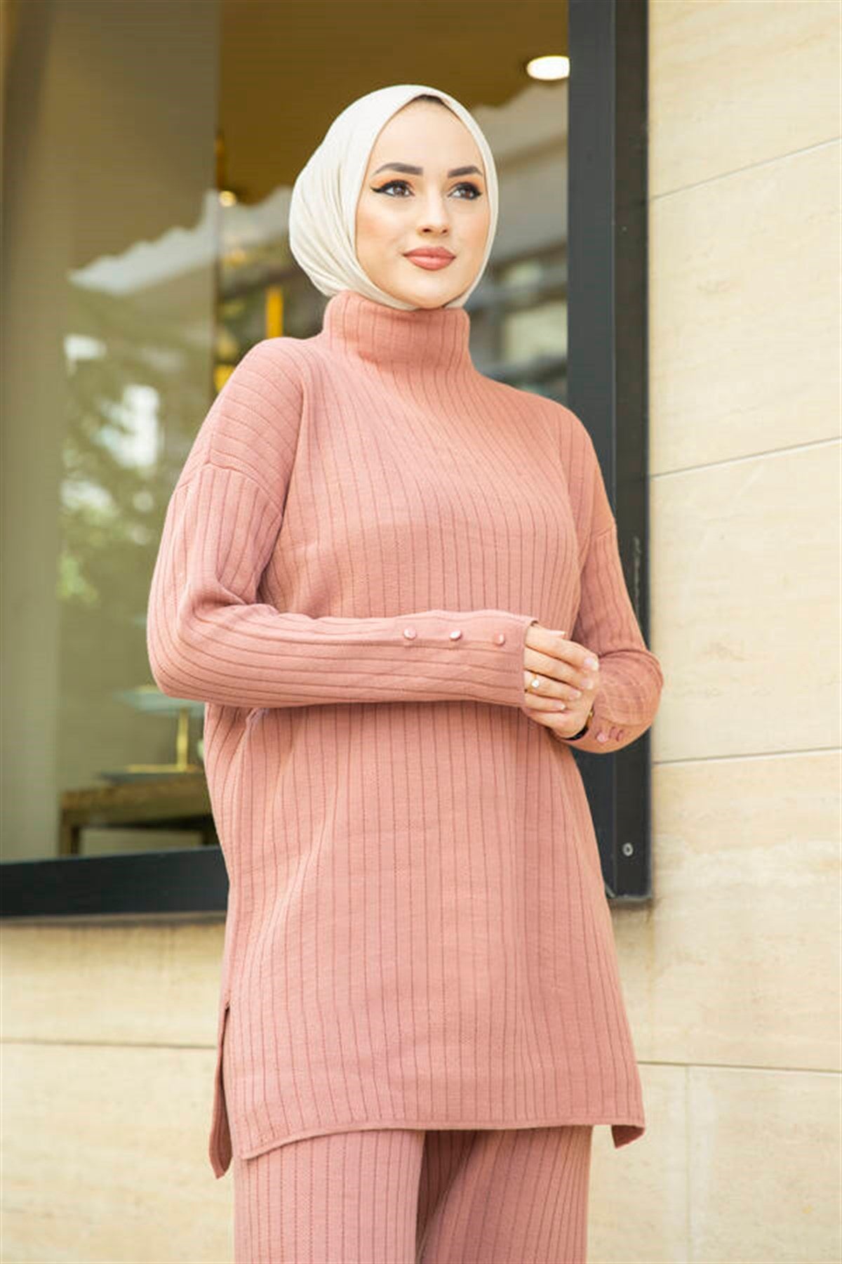 Button Detailed Veiling Knitwear Set Pink