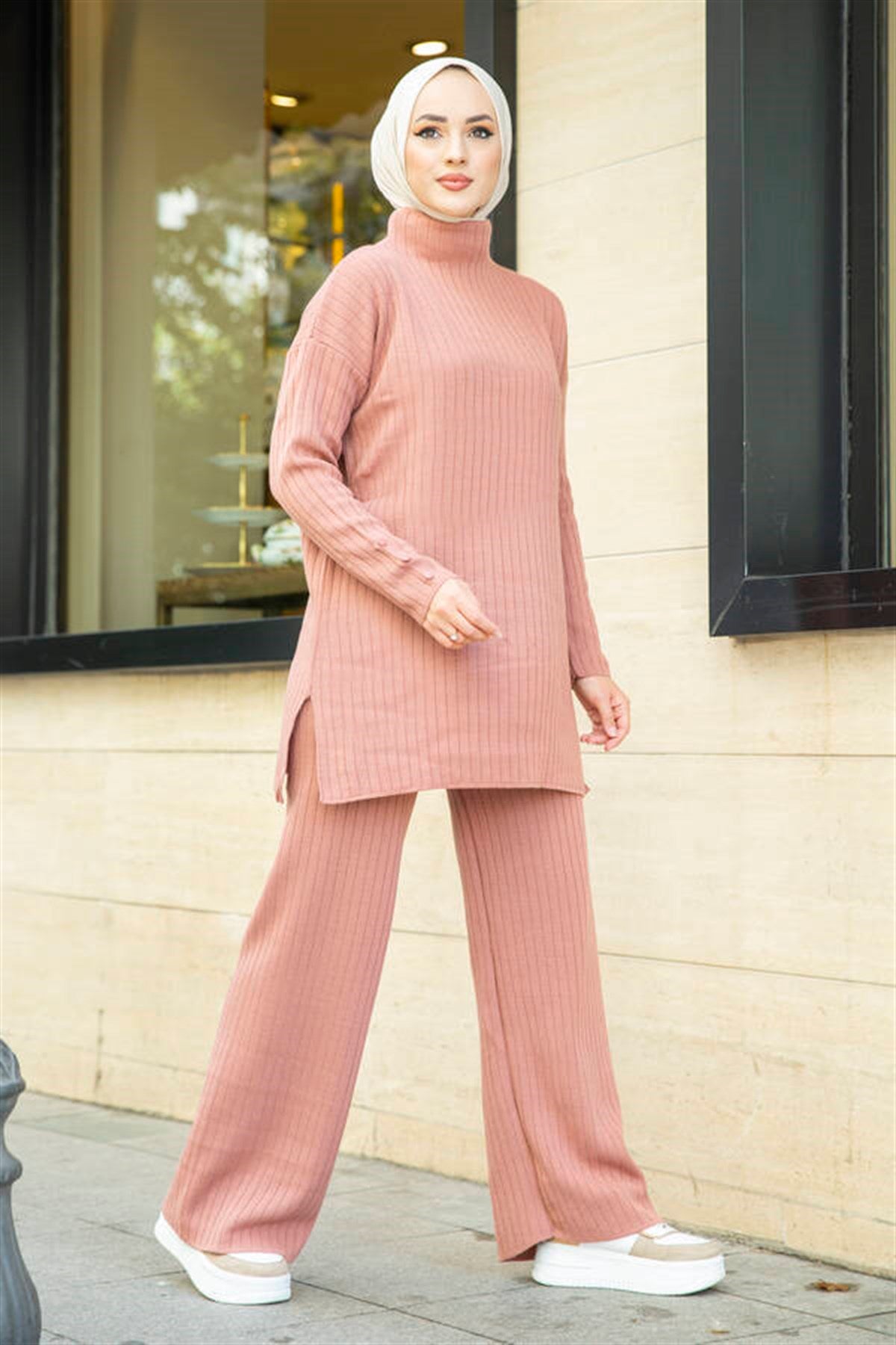 Button Detailed Veiling Knitwear Set Pink