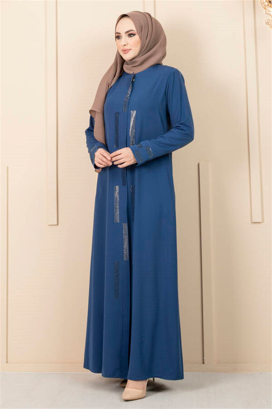 Stone Detailed Hijab Abaya Dark Blue